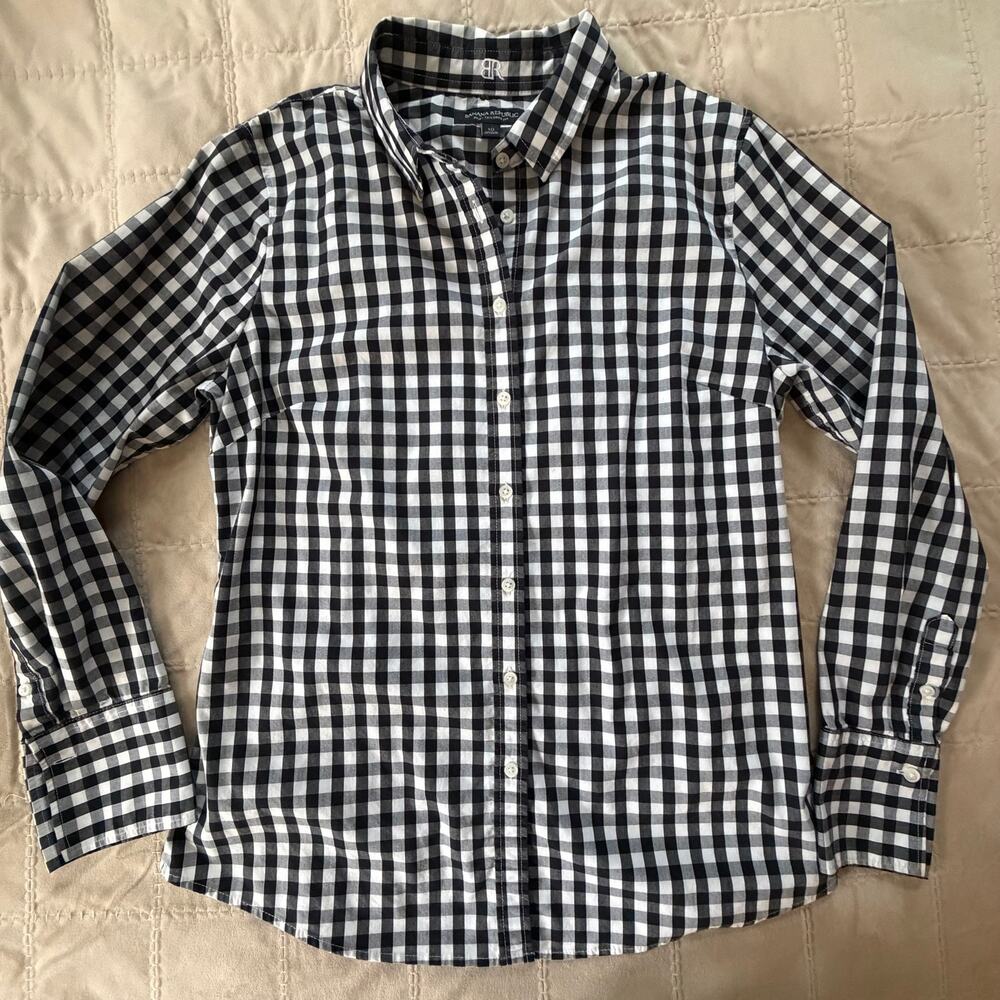 Banana Republic Riley Gingham Button Down Shirt Black White Size 10